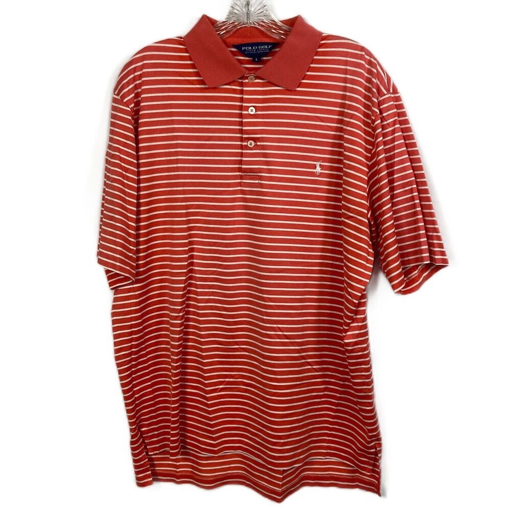 Ralph Lauren‎ Polo Shirt Mens Sz L Orange White Striped Cotton Golf Short Sleeve